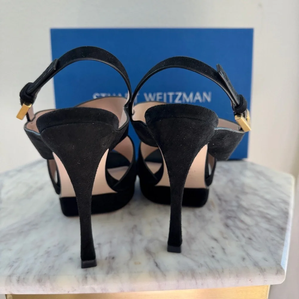 🖤 Stuart Weitzman Hester Strappy Black Suede Platform Stiletto Heels 6.5